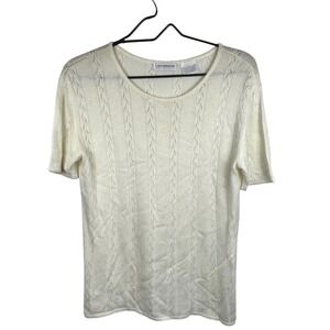 Boho Cottagecore Vintage Womens Cream Cable Knit Short Sleeve Sweater Top Size L